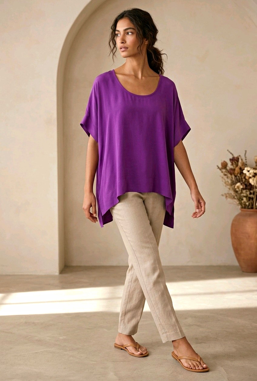 Eileen Fisher Purple 100% Silk Scoop Neck Short Sleeve Blouse 1X